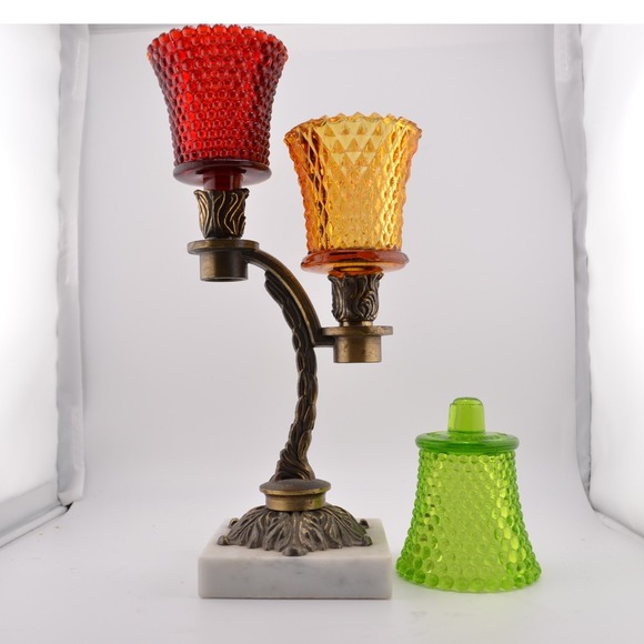 Vintage‎ Glass Candle Holder Candelabra Marble Base Red Yellow Green Set - Picture 2 of 5